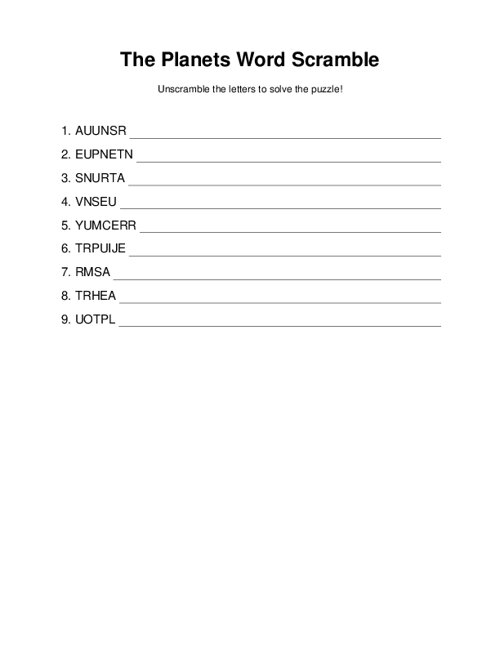 Planet name scramble activity for third graders learning about the solar system Third grade worksheet with scrambled planet names for kids to solve