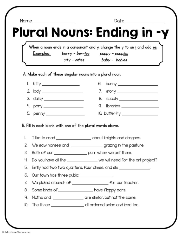 Plural Y worksheet for young learners focusing on converting singular nouns to plural forms First Grade worksheet for practicing plural nouns ending in y with candy and kitty examples