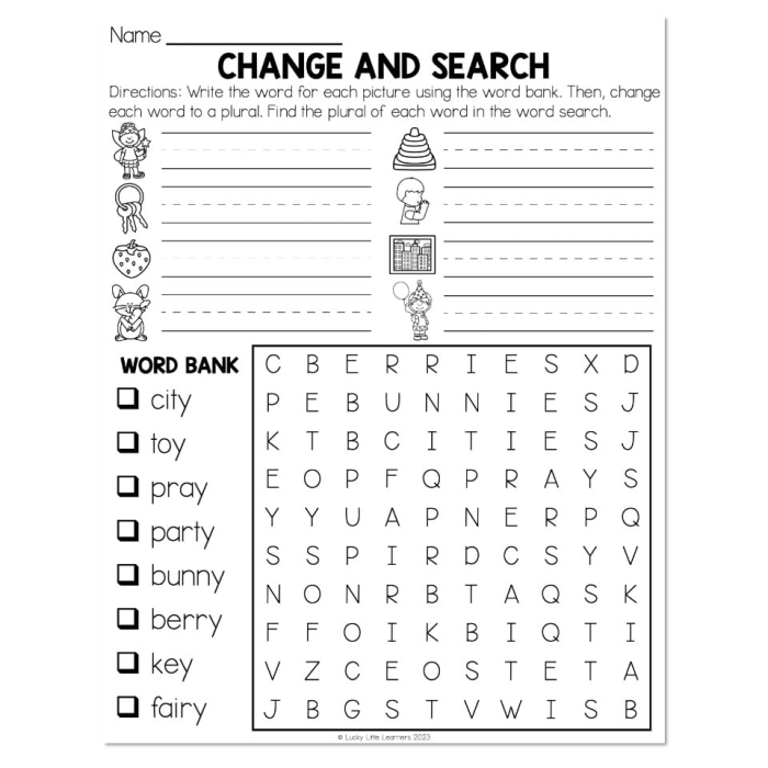 Worksheet for learning how to form plurals of y-ending nouns in first grade grammar class First grade worksheet for practicing plural nouns ending in y with words like candy and kitty