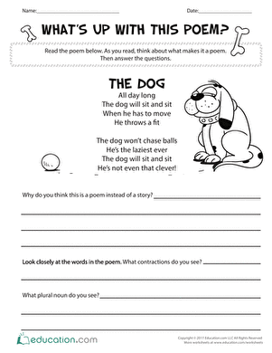 First Grade student working on the What's Up with This Poem worksheet analyzing poem structure