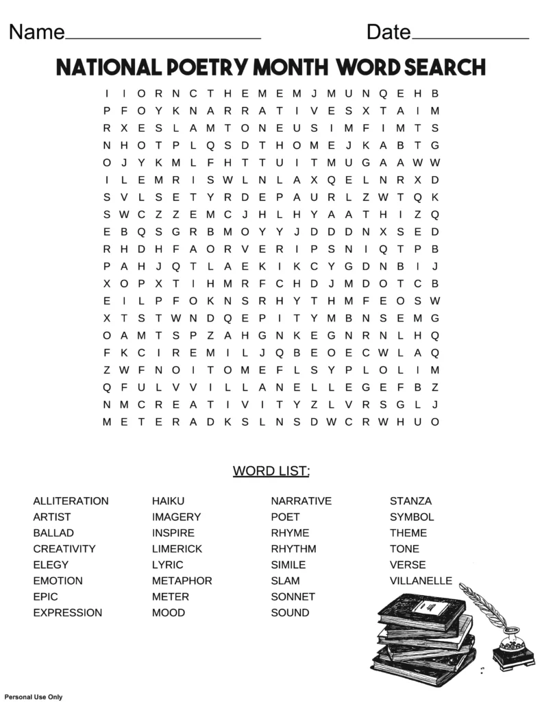 Engaging poetry word search activity for enhancing vocabulary and understanding of poetry Poetry word search worksheet designed for third graders to explore various poetry forms