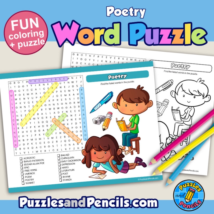 Engaging poetry word search activity for enhancing vocabulary and comprehension Poetry word search worksheet designed for third graders exploring various poetry forms