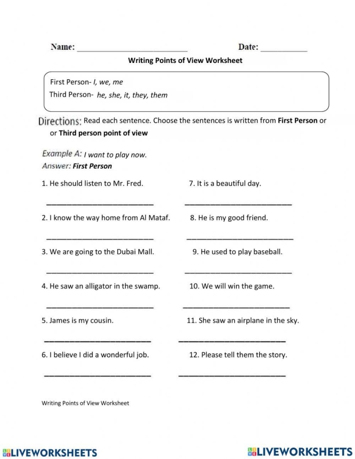 Alphabet worksheet for Third Grade Point of View Pronouns worksheet for third graders focusing on first-person narration practice. Engaging activity sheet to enhance students' understanding of pronouns in sentences.