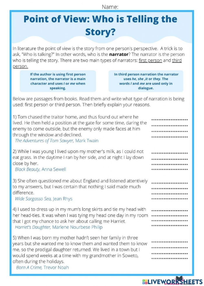 Worksheet image illustrating point of view pronouns for educational use Point of View Pronouns worksheet for third graders focusing on first person narration practice