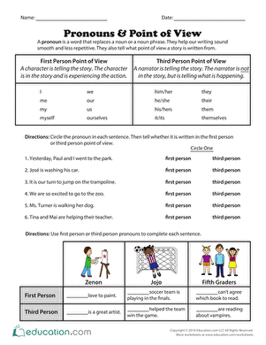 Alphabet worksheet for Third Grade Point of View Pronouns worksheet for third-grade students focusing on first-person narration practice. Engaging resource for learning about pronouns in sentences.