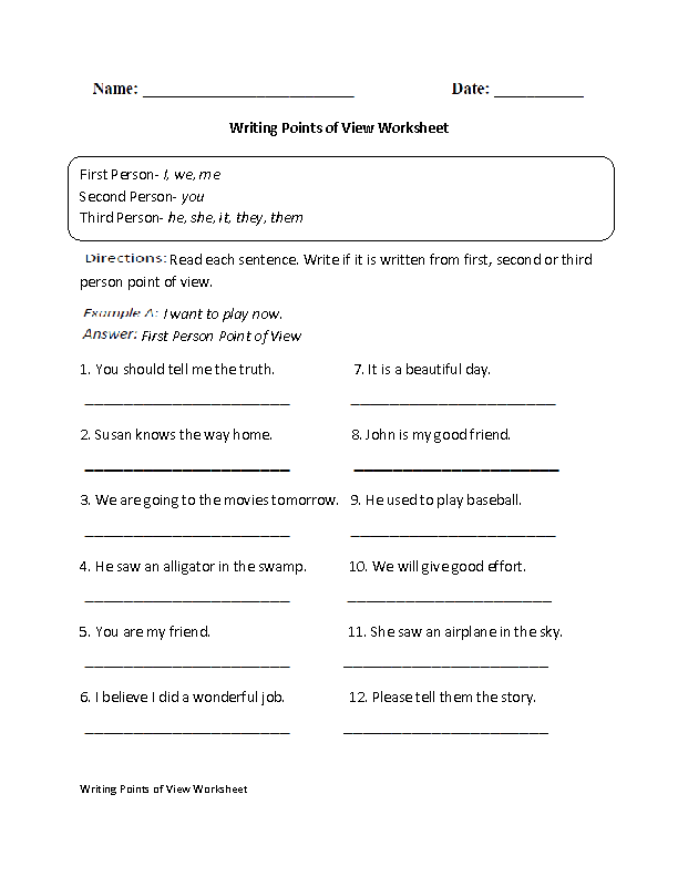 Worksheet image illustrating the concept of pronouns in different points of view Point of View Pronouns worksheet for third graders focusing on first-person narration practice