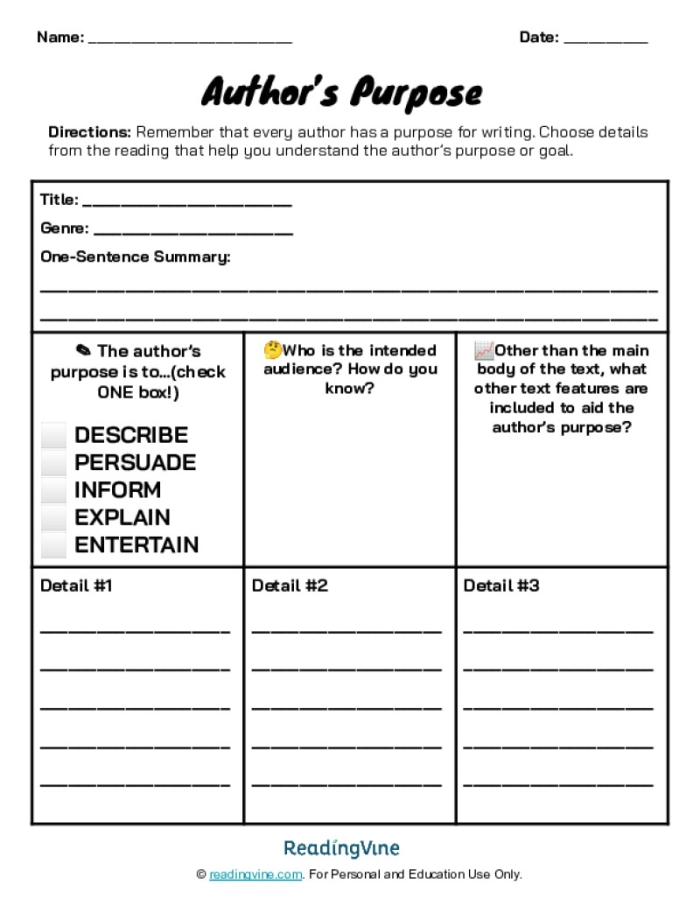 Graphic organizer for analyzing author’s point of view in nonfiction text, worksheet image 3 Fourth grade worksheet featuring a graphic organizer to identify an author’s point of view with supporting evidence