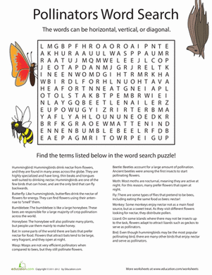Fourth Grade Flowers in Love Pollinators Word Search worksheet showing various pollinating insects