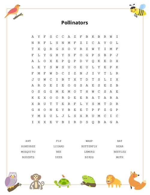 Fourth grade worksheet featuring a Flowers in Love pollinators word search to explore plant seed dispersal