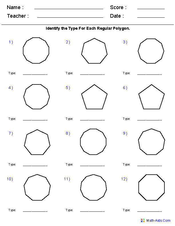 What Type of Polygon worksheet for students learning polygon types in civics class Fifth grade worksheet showing various regular and irregular polygons for classification