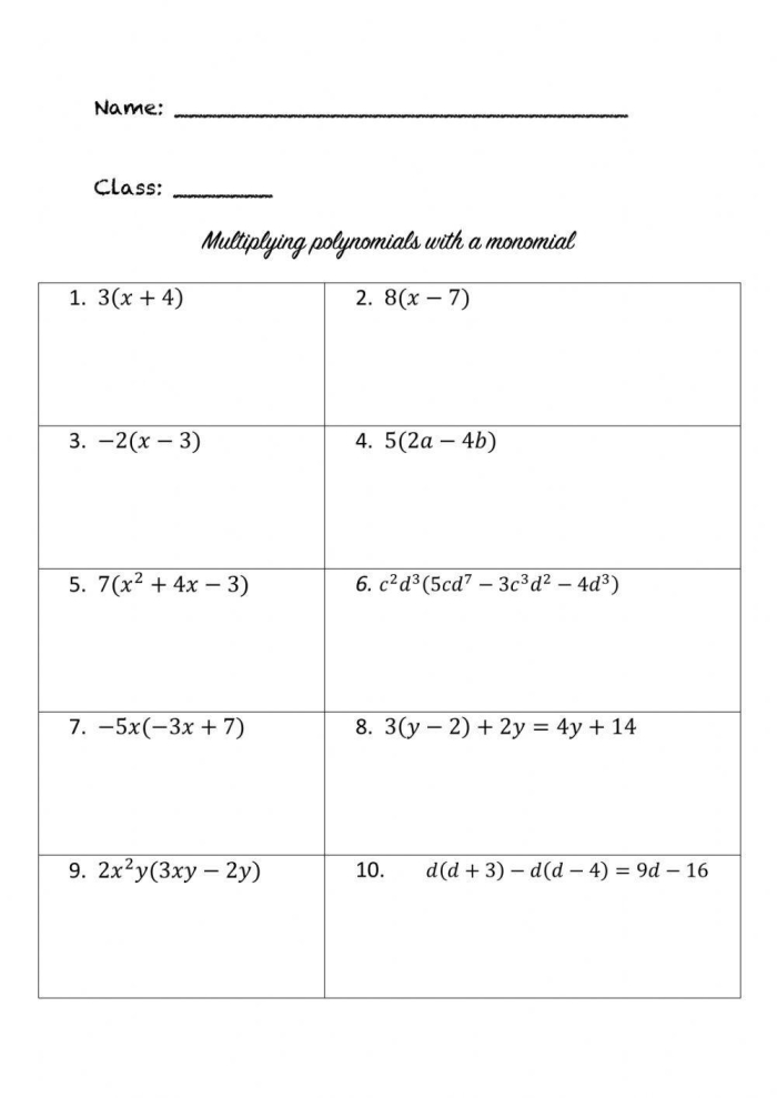 Worksheet showing polynomial problems with variables and exponents for middle school students to identify and arrange in standard form