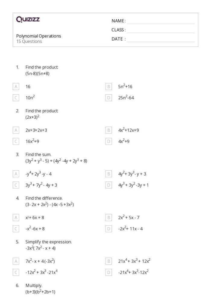 Practice with Polynomials worksheet showing polynomial identification and standard form exercises for middle school students