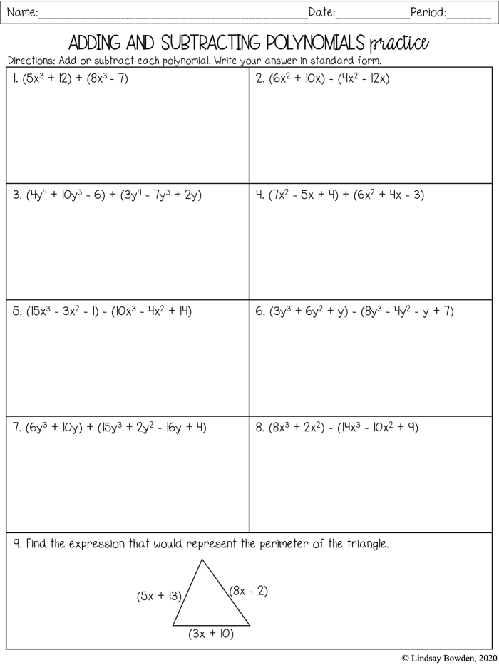 A middle school student working through polynomial problems on a practice worksheet with pencil and paper