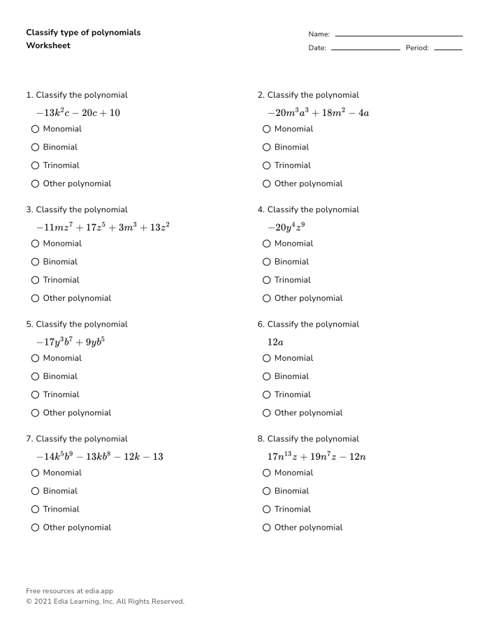 A middle school student working through polynomial practice problems on a worksheet