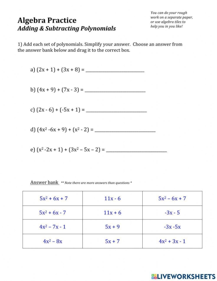 A student worksheet showing polynomial expressions and problems for identifying and converting polynomials to standard form