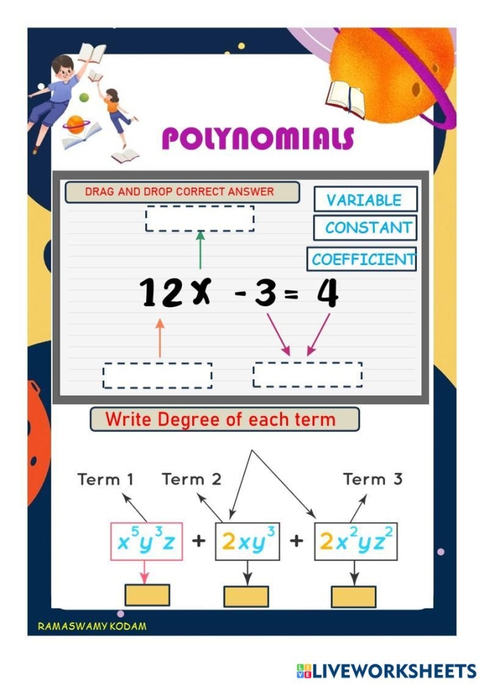 A middle school math worksheet showing polynomial practice problems with spaces for students to identify and arrange terms in standard form