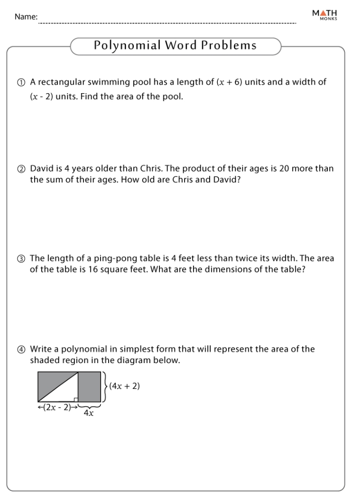 A middle school student working through polynomial problems on a practice worksheet with pencil and paper