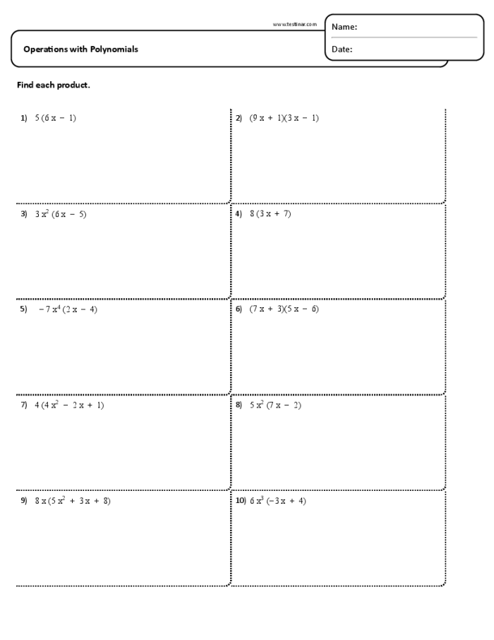 Practice with Polynomials worksheet showing polynomial identification and standard form exercises for middle school students