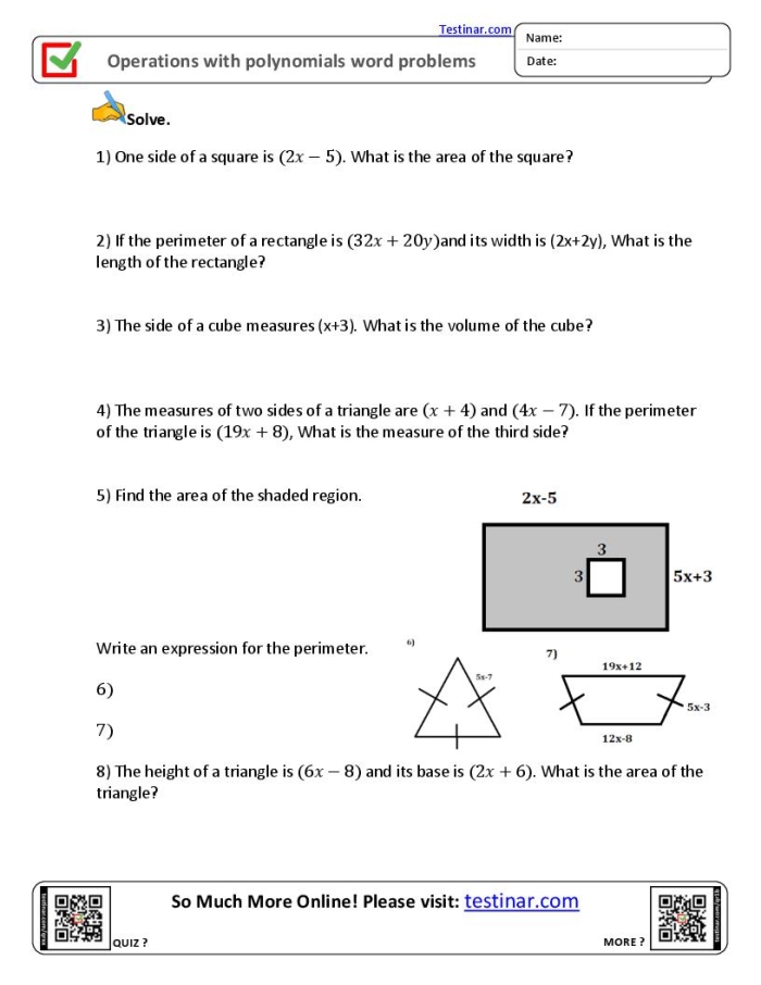 A middle school student working through polynomial problems on a practice worksheet with pencil and paper