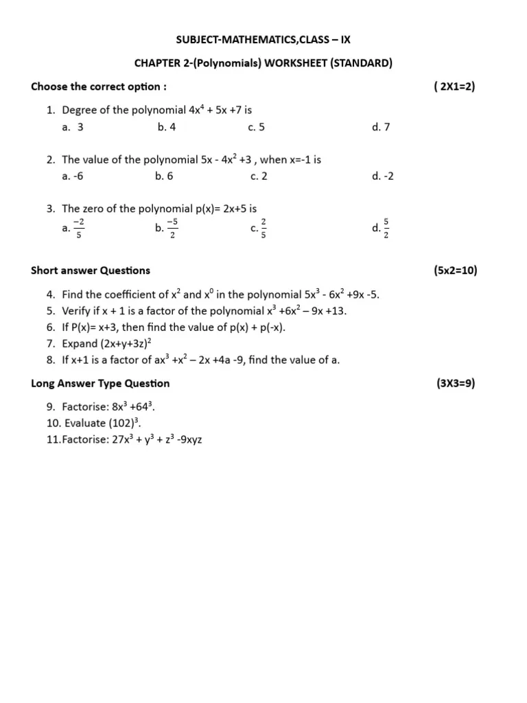 A student worksheet showing polynomial expressions and practice problems for identifying and arranging terms in standard form