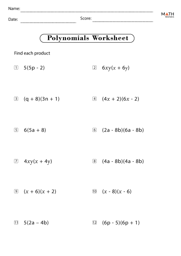 A middle school math worksheet showing polynomial problems with spaces for students to identify and rewrite expressions in standard form