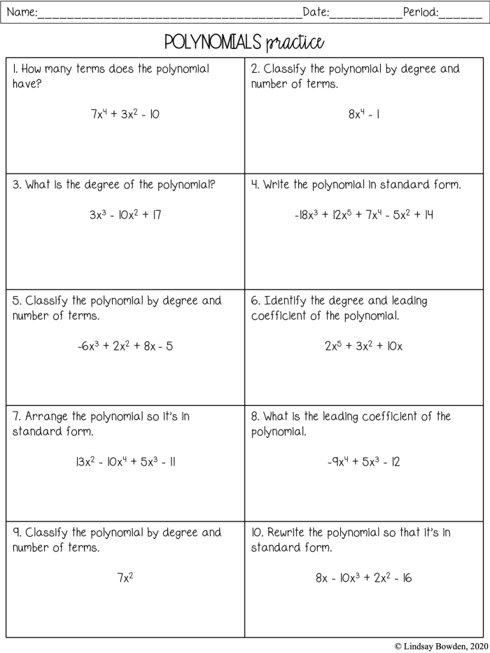 A middle school worksheet showing polynomial problems with spaces for students to identify polynomials and rewrite them in standard form