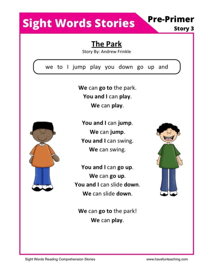 Miniature pop-up playground worksheet featuring swing set, slide, train, and children for first graders