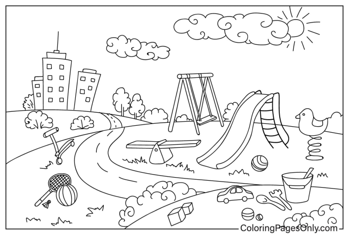 Colorful pop-up playground worksheet featuring swings, slides, and children for first graders