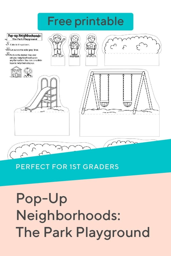Interactive pop-up playground worksheet featuring a swing set and slide for first graders