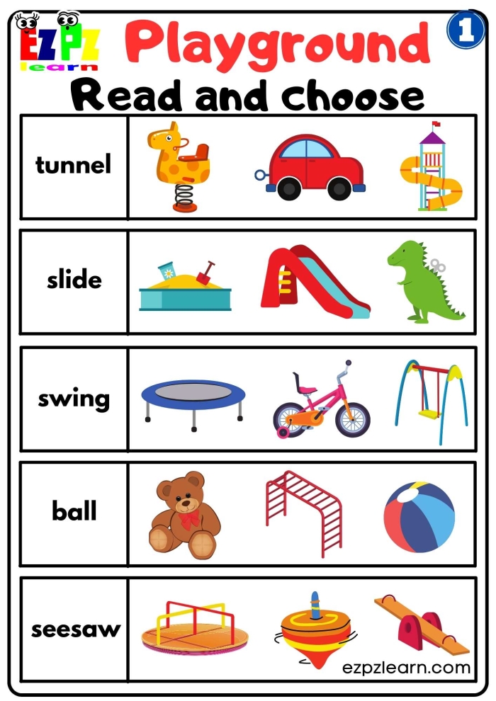 A colorful worksheet featuring a pop-up playground with swing set, slide, and playful children for first graders. Fun and educational printable activity titled "Pop-Up Neighborhoods: The Park Playground.