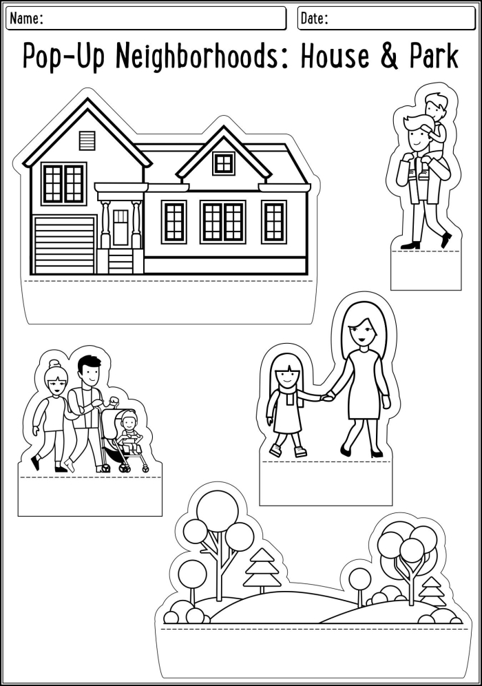 Colorful worksheet featuring a pop-up playground for first graders with swing sets and slides