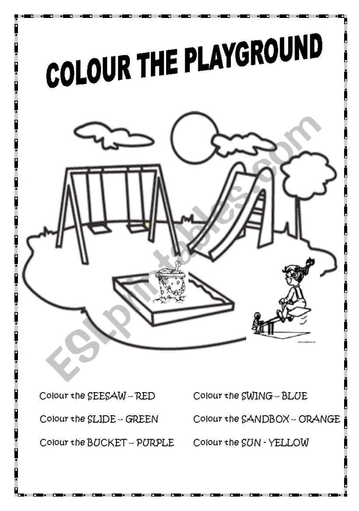 Colorful pop-up playground worksheet featuring a swing set, slide, and playful children for first graders