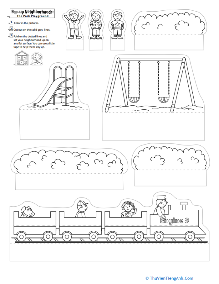A printable worksheet featuring a pop-up playground with a swing set, slide, and playful children for first graders