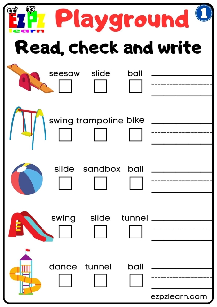 Colorful pop-up playground worksheet featuring a swing set, slide, and playful children for first graders