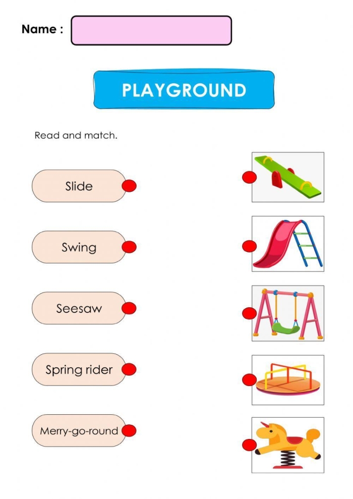 Colorful pop-up playground worksheet featuring a swing set, slide, and playful children for first graders