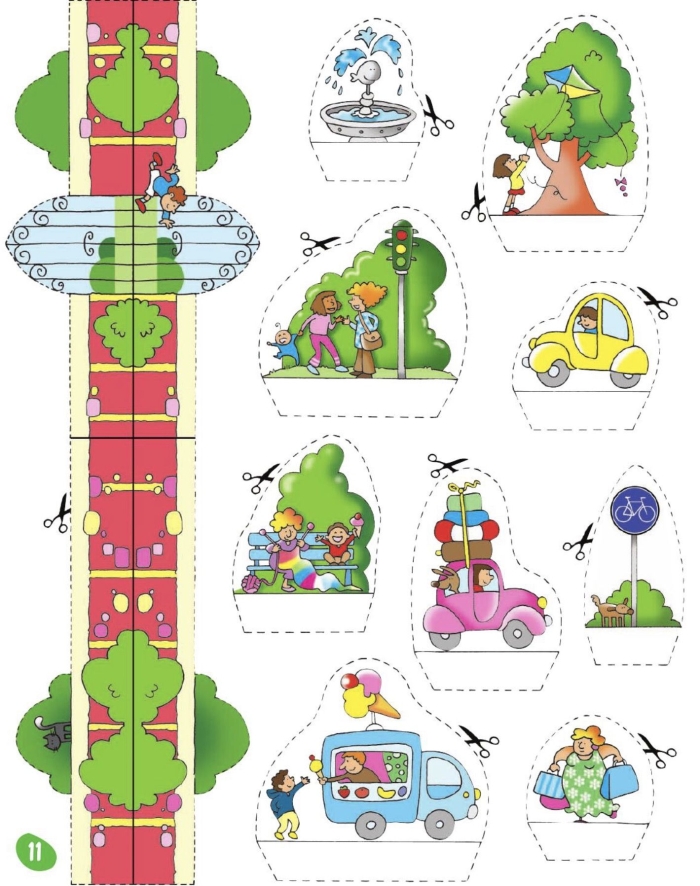 First grade worksheet showing a pop-up park with a slide, swing set, and trees filled with animals