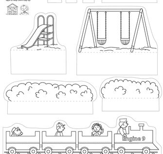 First grade worksheet showing a colorful pop-up park with swings, slides, and trees full of animals