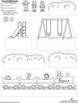 Colorful pop-up playground worksheet for first graders featuring swings, slides, and playful children. Engaging printable activity: Pop-Up Neighborhoods - The Park Playground worksheet.