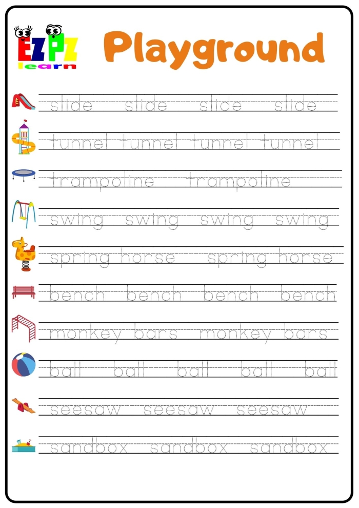 Colorful pop-up playground worksheet featuring a swing set, slide, and children for first graders