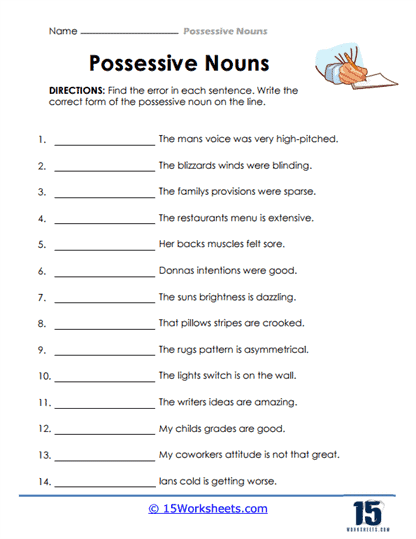 Writing worksheet for Third Grade Worksheet focused on possessive nouns for third graders, featuring exercises on singular and plural forms. It's Grammar Time: Practice forming possessive nouns with this engaging worksheet.