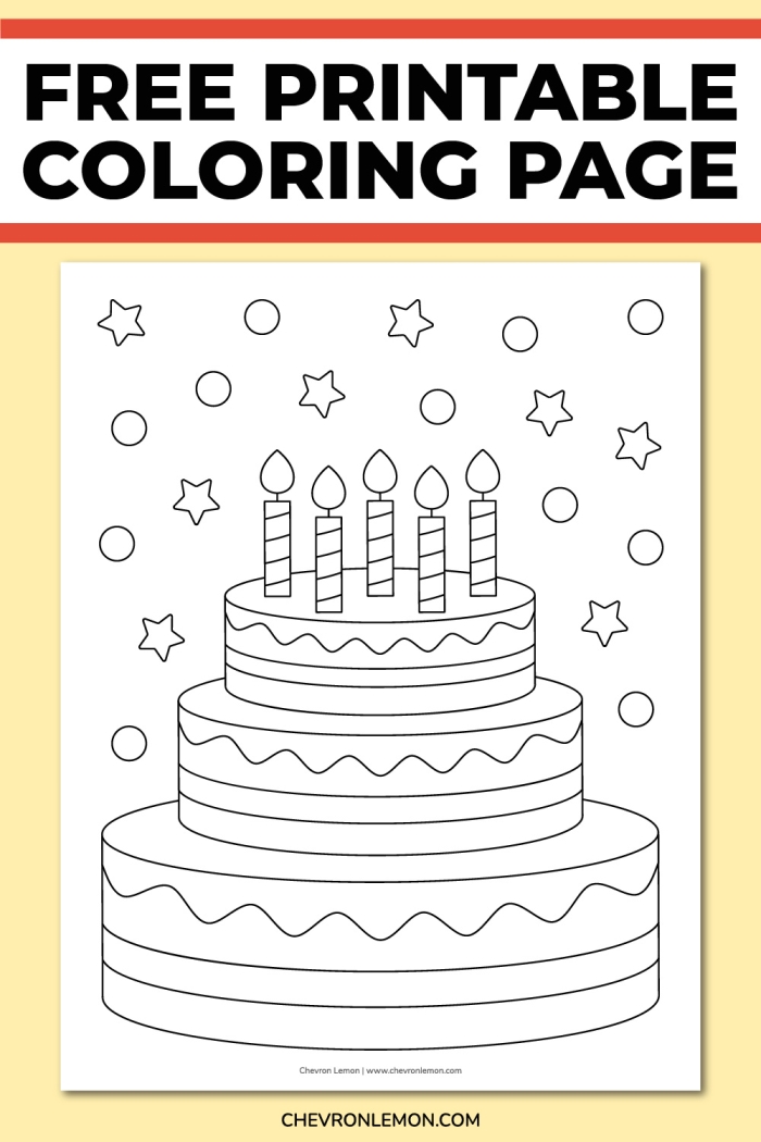 Birthday cake coloring page with candles, balloons, and a birthday greeting for Pre-K learners