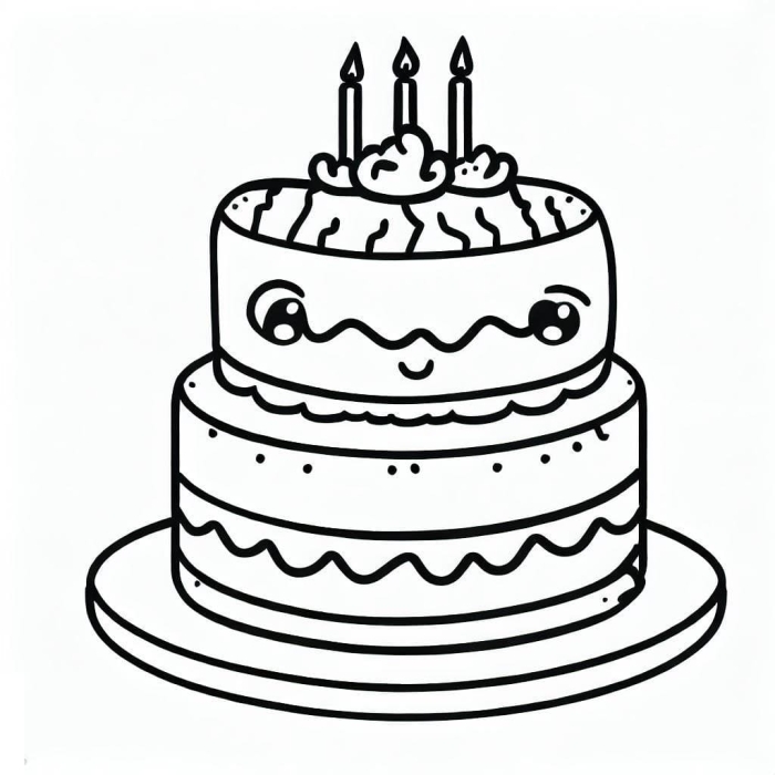 Birthday cake coloring page with candles, balloons, and a birthday greeting for Pre-K students