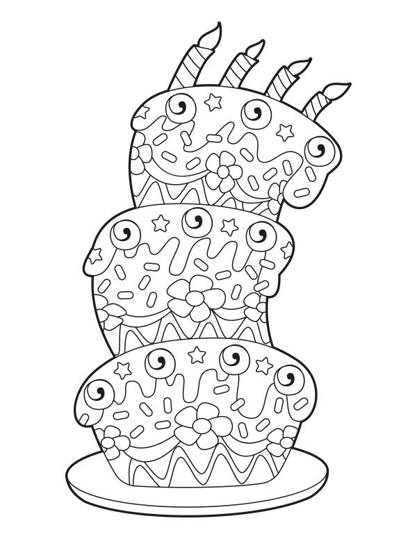 Birthday cake coloring page with candles, balloons, and a birthday greeting for Pre-K learners