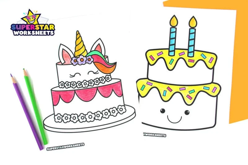 Birthday cake coloring page with candles, balloons, and a festive birthday note for young learners