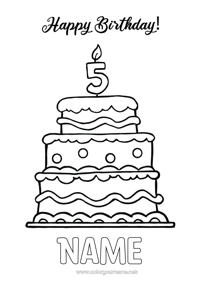 Birthday cake coloring sheet with balloons, candles, and a festive birthday greeting for Pre-K learners