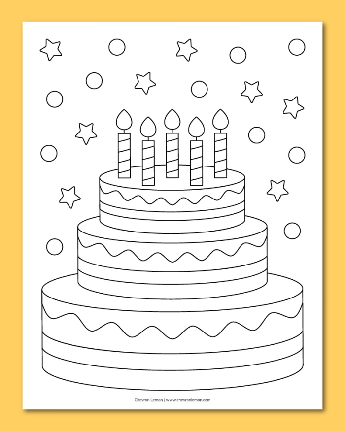 Birthday cake coloring page with candles, balloons, and a festive birthday greeting for Pre-K kids