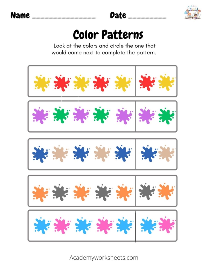 Creative Color Patterns activity for early math skills in physical science for beginners Colorful shapes arranged in repeating sequences on a worksheet for young learners