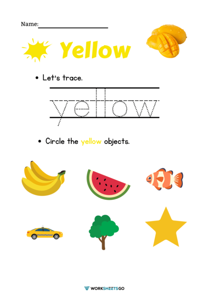 Writing worksheet for Pre-K Kids engaging with a colorful worksheet focused on the color yellow, tracing words and practicing writing skills. The Color Yellow Worksheet for Pre-K: Fun activities for name writing and coloring.
