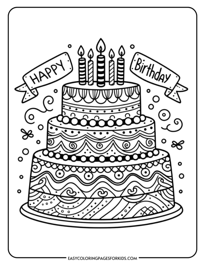 Birthday cake coloring worksheet with balloons, candles, and a birthday greeting for Pre-K learners