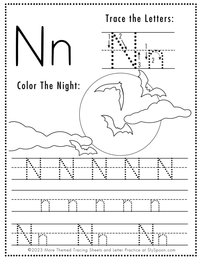Kids practicing tracing the letter N on a fine motor skills worksheet